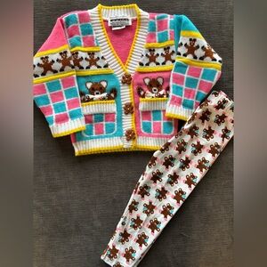 Vintage Mini Waves kids small teddy bear cardigan/leggings set 90s cottagecore